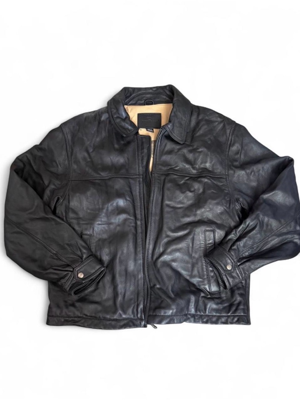 Men's Black Leather Bomber Jacket - Classic Zip Front
